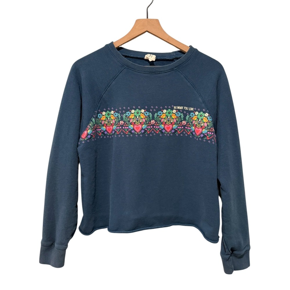 Natural Life Floral Boho Crewneck Sweatshirt Women Sz S Teal Blue Crop Pullover